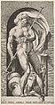 Plate 5: Neptune standing in a niche holding a trident, with a hippocampus (sea-horse) behind him, from "Mythological Gods and Goddesses", Giovanni Jacopo Caraglio Italian, Engraving