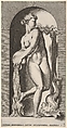 Plate 6: Thetis standing in a niche with a shell and sea creature, pouring water out of a vase, looking to her left, from "Mythological Gods and Goddesses", Giovanni Jacopo Caraglio Italian, Engraving