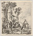 A rider making his horse drink from a basin of a fountain at left, another horseman seen from behind riding towards the left in the background, plate 19 from "Various figures and doodles" (Diverses figures et griffonnemens), Stefano della Bella  Italian, Etching