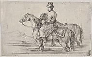 A valet taking two horses to bathe, sitting atop one horse in a river, the other beside him to right, Stefano della Bella  Italian, Etching