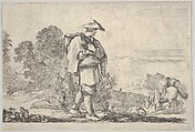 Plate 11: A peasant wearing a hat at center, walking towards the right, a horse descending a mountain to right in the background, trees to left in the background, from "Twelve Landscapes" (Suite de douze paysages), Stefano della Bella  Italian, Etching; first state of two