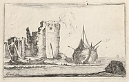 Plate 2: A ship at right and a rowboat at left, washed up on shore, a tower in ruins behind to left, from "Caprice faict par de la Bella", Stefano della Bella  Italian, Etching; second state of two
