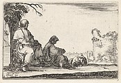 Plate 6: Two seated pilgrims and one laying down to left, a tower in ruins to right in the background, from "Caprice faict par de la Bella", Stefano della Bella  Italian, Etching; second state of two