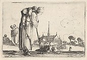 Plate 10: A peasant woman turned towards the right with a child on her back, a boy lying on the ground behind her in center, two women and a child to left in middleground, a church to right in background, from "Caprice faict par de la Bella", Stefano della Bella  Italian, Etching; second state of two
