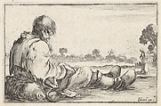Plate 11: An old man sitting on the ground to left, seen from behind, a peasant woman seen from behind to right in background, from "Caprice faict par de la Bella", Stefano della Bella  Italian, Etching; second state of two