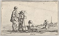 Plate 13: Two peasants standing to left, a cripple kneeling on the ground in center, a woman carrying a child seen from behind to right in middleground, a church to right in background, from "Caprice faict par de la Bella", Stefano della Bella  Italian, Etching; second state of two