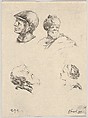 Plate 8: Four small heads, a soldier at upper left, a Turk with a turban and beard at upper right, a bearded man in profile at bottom left, a young woman in profile at bottom right, from "The Book for Learning to Draw" (Livre pour apprendre à dessiner), Stefano della Bella  Italian, Etching