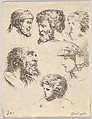 Plate 10: Six heads, three bearded men, one soldier, and two children, from "The Book for Learning to Draw" (Livre pour apprendre à dessiner), Stefano della Bella  Italian, Etching