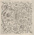 Square Panel with Vegetal Scrollwork, Flowers and Fruits, Bernhard Zan German, stipple engraving