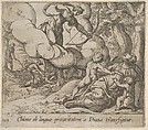 Plate 105: Diana aiming her bow toward Chione, who is accompanied by two children, in another scene at left Mercury approaches the sleeping Chione, from "The Metamorphoses of Ovid", Antonio Tempesta  Italian, Etching
