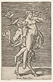 Satyr carrying a nymph, whose right arm is wrapped around the satyr's neck, with a planar background, Giulio Romano Italian, Engraving