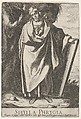 Plate 9: The Phrygian Sibyl holding the top of a tablet with her left hand and pointing with her right, from "Sibyls", Raffaello Schiaminossi Italian, Etching