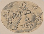 A Personification of Charity Seated on a Cloud, Surrounded by Putti, Monogrammist HSK (German, active ca. 1590–1600), Pen and black ink, brush and gray ink; oval framing line in pen and black ink