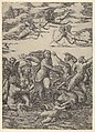Galatea standing in a water-chariot pulled by two dolphins, surrounded by tritons, nereids, and putti, three of which prepare to shoot arrows from above, Marcantonio Raimondi  Italian, Engraving