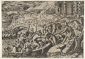 The abduction of Helen; battle scene on a shore with two men pulling Helen into a boat at center and another man pulling on her drapery in the opposite direction, Marcantonio Raimondi  Italian, Engraving