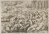 The abduction of Helen; battle scene on a shore with two men pulling Helen into a boat at center and another man pulling on her drapery in the opposite direction, Marco Dente  Italian, Engraving