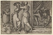 Judith giving the head of Holofernes on a platter, which is about to be covered with a cloth, to her servant, with the foreshortened, naked body of Holofernes at right, Enea Vico Italian, Engraving