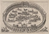 Naval engagement set inside a Roman arena,  with the river Tiber and nymphs at lower left and right, Etienne DuPérac (French, ca. 1535–1604), Etching