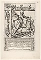 Relief with Mithras kneeling upon a bull and driving a sword into its shoulder, at left two smaller standing figures, one holding a sheathed sword and one holding a sword, a frieze with chariots and serpents coiled around figures above, Anonymous, Italian, 16th century  Italian, Engraving