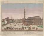 View of the Piazza dei Signori of Vicenza with horse-drawn carriages and figures walking in the square, Georg Balthasar Probst German, Etching with hand coloring