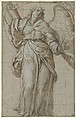 Standing Angel Holding a Scroll, Giovanni Domenico Caresana  Italian, Point of brush and brown wash, highlighted with white gouache, over black chalk on gray-blue paper; squared in black chalk