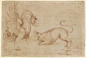 A Lion Confronting a Dragon, Anonymous, Italian, Tuscan, 16th century, Pen and brown ink