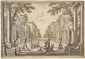 View of a Palace Garden with a Central Pond Surrounded by Classical Architecture (Tapestry or Stage Design?), Daniel Marot the Elder French, Pen and black ink and watercolor