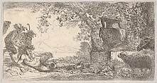 Pan reclining at left with two standing satyrs, a large vase on a pedestal at right, Giovanni Benedetto Castiglione (Il Grechetto)  Italian, Etching