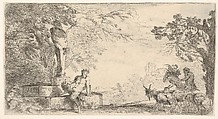 A satyr reclining at the foot of a staute of Priapus, goats at the right, Giovanni Benedetto Castiglione (Il Grechetto) Italian, Etching