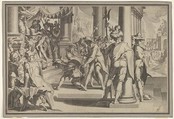 Allegory of Justice (Sanctity of the Law) with a court scene depicting a man being pardoned by a judge, plate XII from Thronus Justitiae, tredecim pulcherrimus tabulis..., Willem van Swanenburg (Netherlandish, ca. 1581/82–1612), Engraving