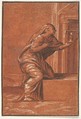 Female personification of Faith who kneels raising a chalice in her left hand, after Parmigianino, Anonymous, Italian, 16th century Italian, Chiaroscuro woodcut from three blocks in red