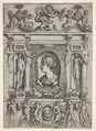 Bust of a woman in profile facing left, set in an elaborate frame with figures in niches at left and right, Battista Angolo del Moro Italian, Etching