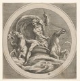 Neptune rising from the sea and bearing a staff, accompanied by two horse-headed sea creatures, reverse copy after a series of engravings by Cherubino Alberti of mythological scenes after Polidoro da Caravaggio, Anonymous, Engraving