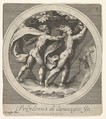 Apollo pursuing Daphne, whose toes take the form of tree roots, a round composition, reverse copy after a series of engravings by Cherubino Alberti of mythological scenes after Polidoro da Caravaggio, Anonymous, Engraving