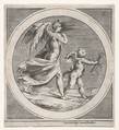 Winged female figure, draped and carrying a staff, striding behind a winged putto, who twists to look over his left shoulder, a round composition, Anonymous, Engraving