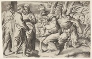 Two satyrs leading Silenus to King Midas, who stands at left with two male attendants, a mule trails behind the satyrs, Giulio Bonasone  Italian, Engraving