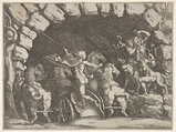 Pluto, seen from behind, entering the Underwold on his chairot, Cereberus and three Furies to right, from "Giove che fulmina li giganti", after the frescoes on the ceiling of the Sala dei Giganti designed by Giulio Romano for the Palazzo del Te, Mantua, Pietro Santi Bartoli  Italian, Etching