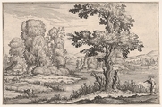 Landscape with goats grazing near a river and a figure in the right foreground, from a series of landscapes dedicated to the Grand Duke of Tuscany, Ercole Bazicaluva  Italian, Etching