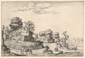 Landscape with peasant dwellings and a man leading a horse in the left foreground, from a series of landscapes dedicated to the Grand Duke of Tuscany, Ercole Bazicaluva  Italian, Etching
