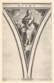 Winter (Hyems), represented as a seated man crossing his arms across his chest, a spandrel-shaped composition from "The Four Seasons", Cherubino Alberti (Zaccaria Mattia)  Italian, Engraving