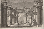 Two ladies and two gentlemen dancing within an ornate architectural setting, a fountain at center in the background, a scene from "Talestri, Regina delle Amazzoni", Francesco Galli Bibiena  Italian, Engraving