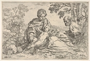 Rest on the flight into Egypt, Mary holding the infant Christ with St. Joseph at right, copy after Cantarini, Simone Cantarini  Italian, Etching
