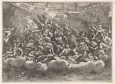 Gathering of various Olympian gods and mythological figures among clouds, Apollo at center with his lyre, Vulcan, Mercury, Hercules, and Hermes to right, various figures below, horses and attendants behind in center, from "Giove che fulmina li giganti", after the frescoes on the ceiling of the Sala dei Giganti designed by Giulio Romano for the Palazzo del Te, Mantua, Pietro Santi Bartoli  Italian, Etching