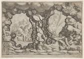 A giant heaving a boulder at center, other giants to left and right struggling and recoiling against impending boulders, nude figures climbing rocks and struggling in the background, from "Giove che fulmina li giganti", after the frescoes on the ceiling of the Sala dei Giganti designed by Giulio Romano for the Palazzo del Te, Mantua, Pietro Santi Bartoli  Italian, Etching