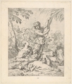 Repose in Egypt, Mary nursing the infant Christ while an angel pulls at tree branches, Simone Cantarini  Italian, Etching