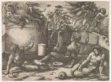 Cain holding a mirror watching his sacrifice engulfed in flames, Adam and Eve seated nearby; in the upper right an angel expelling them from Paradise, Antonio Veneziano Italian, Engraving