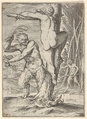 Satyr whipping a nymph, who is shown from behind and bound to a tree, a second satyr bearing a club stands in the middle ground, Agostino Carracci (Italian, Bologna 1557–1602 Parma), Engraving