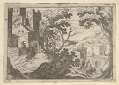 Landscape with buildings to the left and a bridge at right below, Remigio Cantagallina (Italian, Borgo Sansepolcro ca. 1582–1656 Florence), Etching