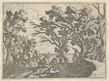 Landscape with onshore fisherman and male onlooker under trees, a man in a boat bows his head, Remigio Cantagallina (Italian, Borgo Sansepolcro ca. 1582–1656 Florence), Etching