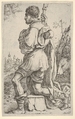 Saint Roch, kneeling on a stone, seen from the side with his dog behind him and a townscape in the background at left, Giuseppe Caletti, called Cremonese (Italian, active Ferrara, 1600–1660), Etching; first state of three